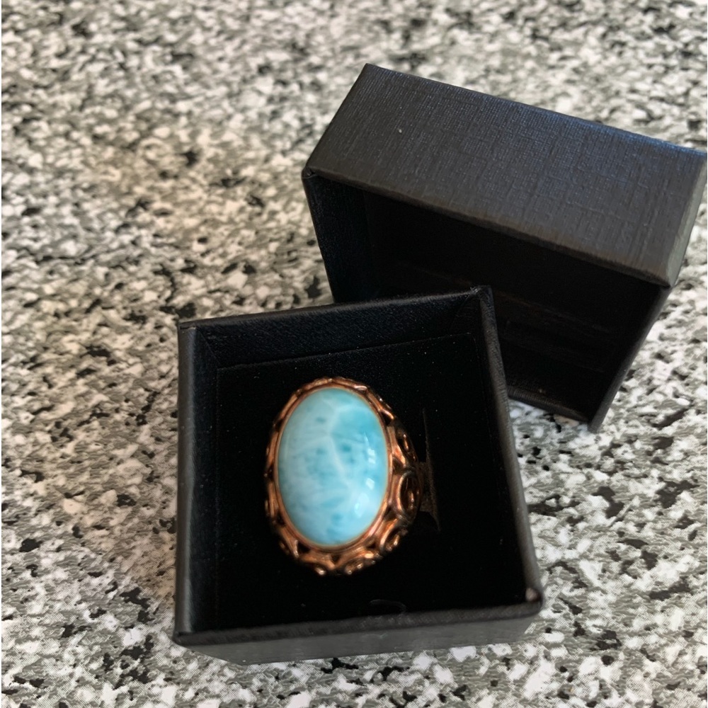 Blue Cobochon Larrimore ring in a Copper-Rose Gold over Sterling setting. Size 6